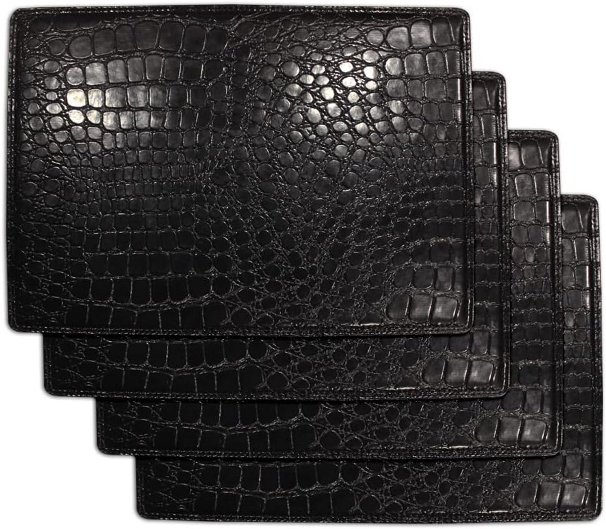 Set van 4 Kunstleer Placemats voor Eettafel - Krokodillenstructuur Zwart