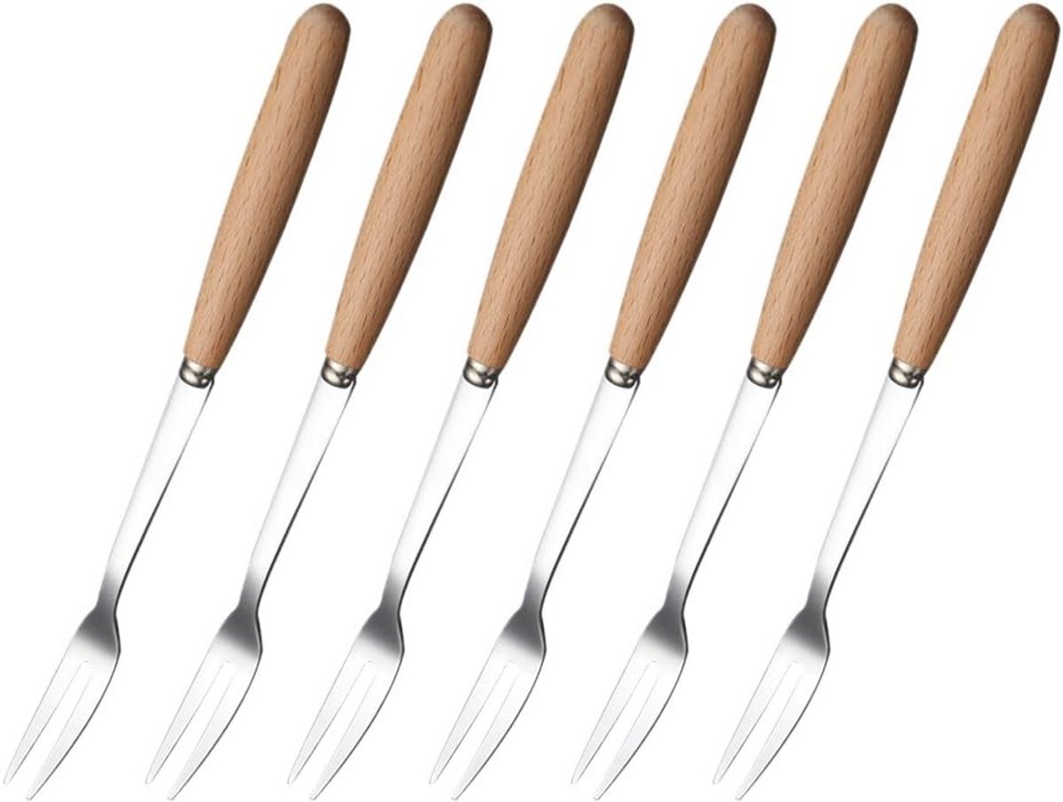 Set van 6 Kleine Tweepuntige Vorkjes met Houten Handvat voor Taart, Fruit en Hapjes