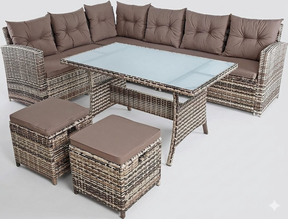 polyrotan eetgroep, lounge meubelset, sofa tuinset, tuinset, zitgroep, lounge-set, rotan tuinmeubelset, sofa-set (beige-bruin)
