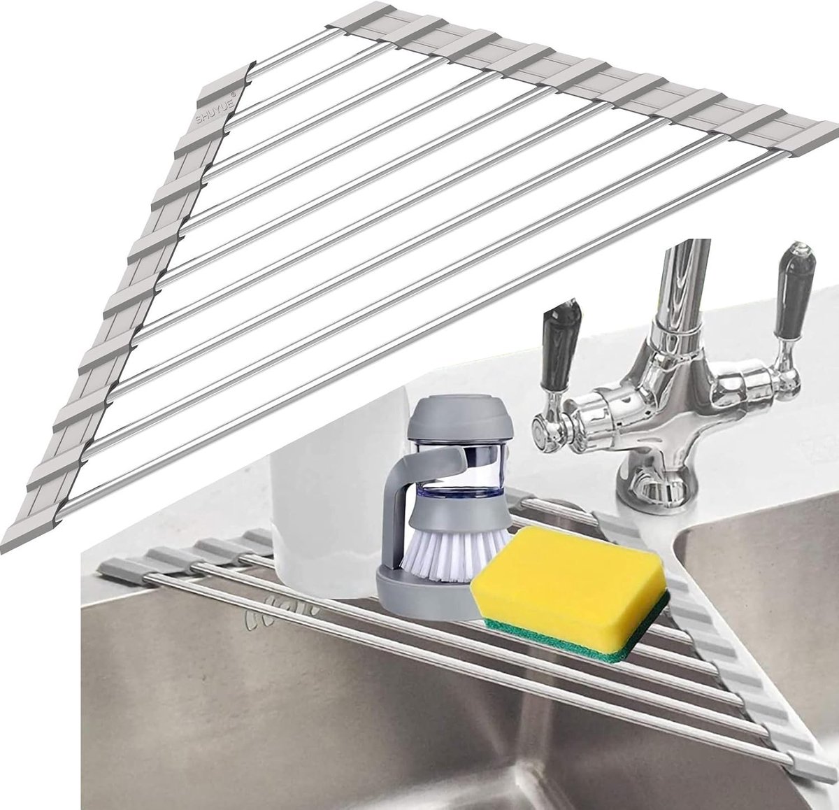 Gootsteen Afdruiprek - Keuken Organizer - Vaat Drogen - Oprolbaar Ontwerp - 41x15 cm - Grijs