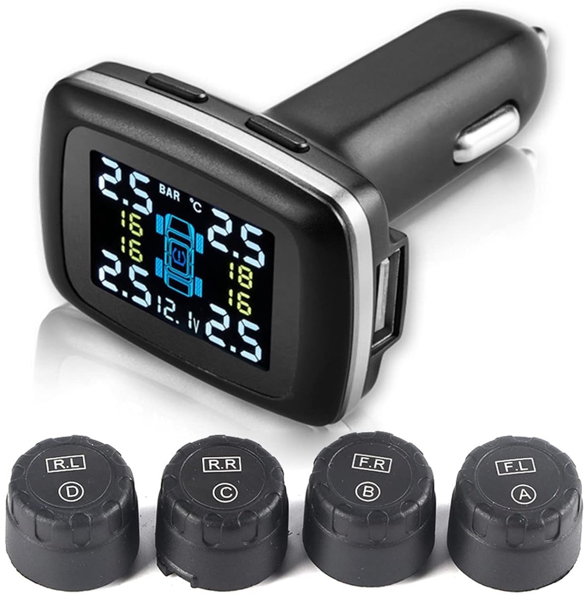 Bandenspanning Monitor - TPMS Systeem - Veilig Rijden - Vier Externe Sensoren - 0-3.5 Bar - Zwart