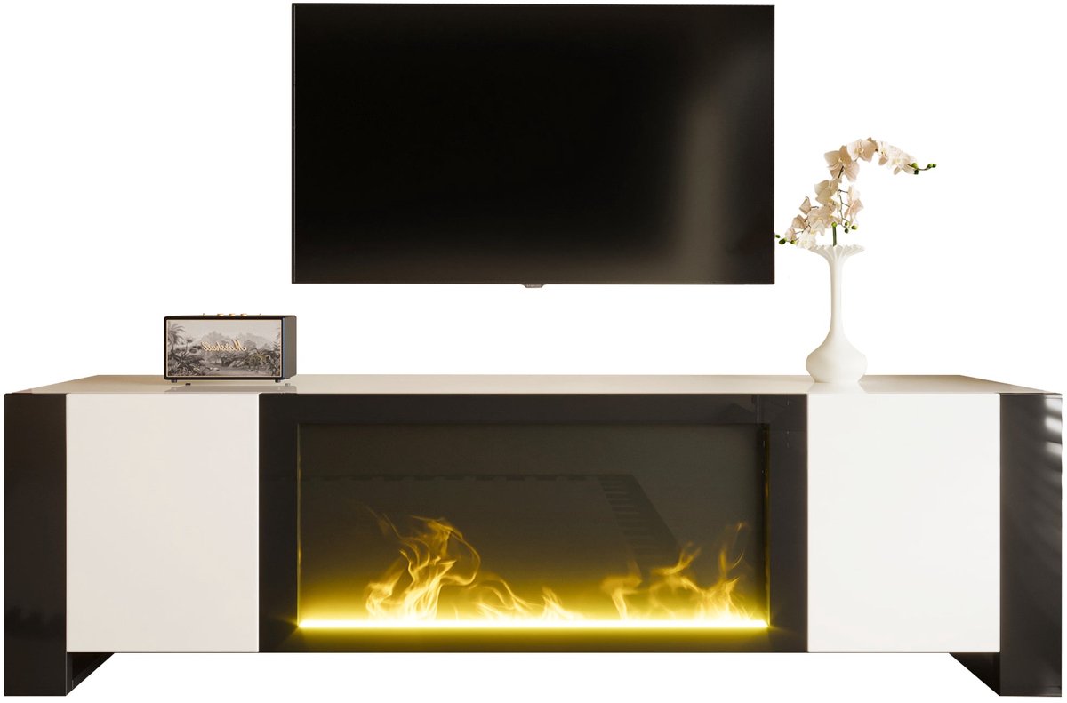 Merax TV-meubel met Sfeerhaard – TV Kast met Elektrische Haard Zonder Verwarming – Hoogglans Wit/Zwart – 165 cm