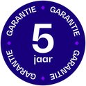 Een rond label met de tekst '5 jaar garantie' in witte letters op een paarse achtergrond.