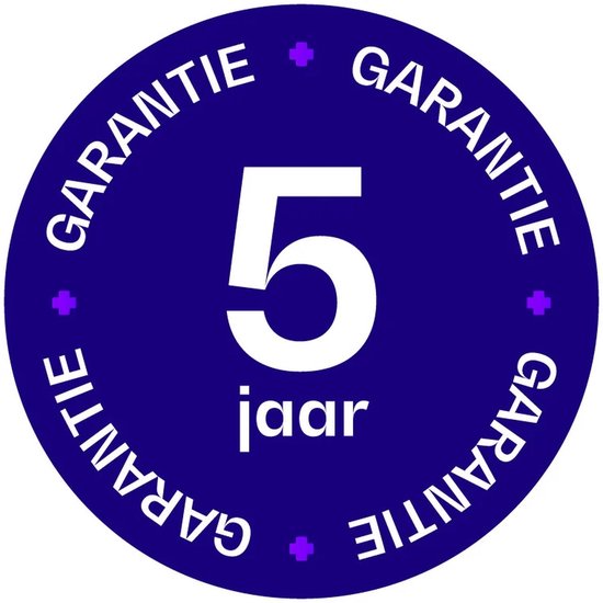 Een rond label met de tekst '5 jaar garantie' in witte letters op een paarse achtergrond.