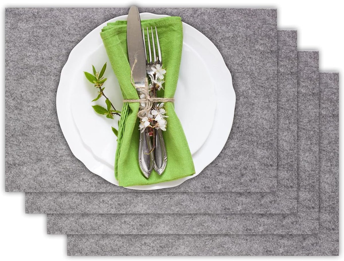 Vilten Placemats - Tafelmatten Set - Eettafel Decoratie - 4mm Dik Vilt - 30x45cm - Grijs