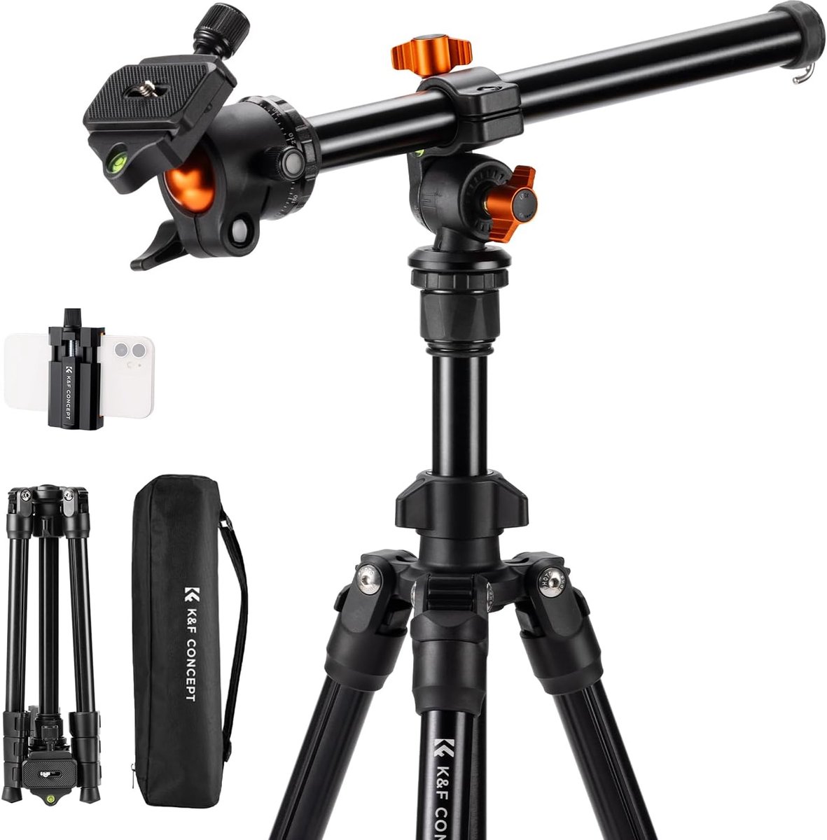 Camerastatief - Telefoon Statief - Foto Video Opnames - Uitschuifbare Arm - 195cm Hoog - Oranje Zwart