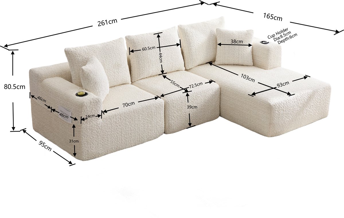 STILVORA Hoekbank 261 x 165 x 80,5 cm - Modulaire 3-Zits Met Liggedeelte En Opbergvakken - Woonkamer - Chenille Beige