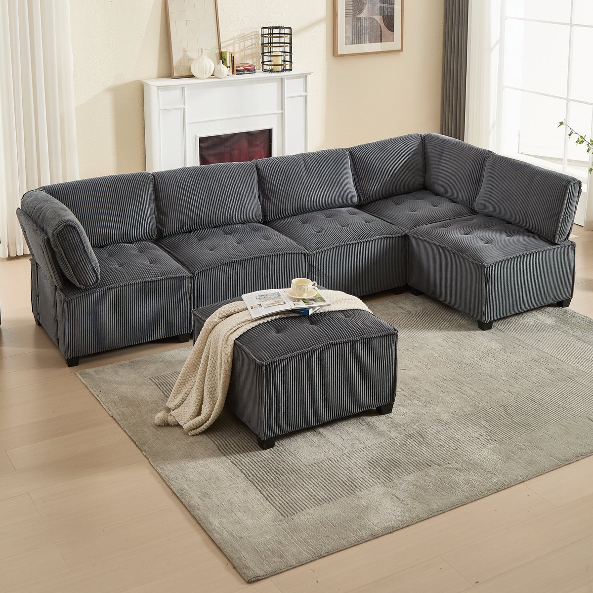 MODENUIT Hoekbank 308 x 154 x 82 cm - Modulair 6-Zits Met Zijvakken En Slaapfunctie - Voor