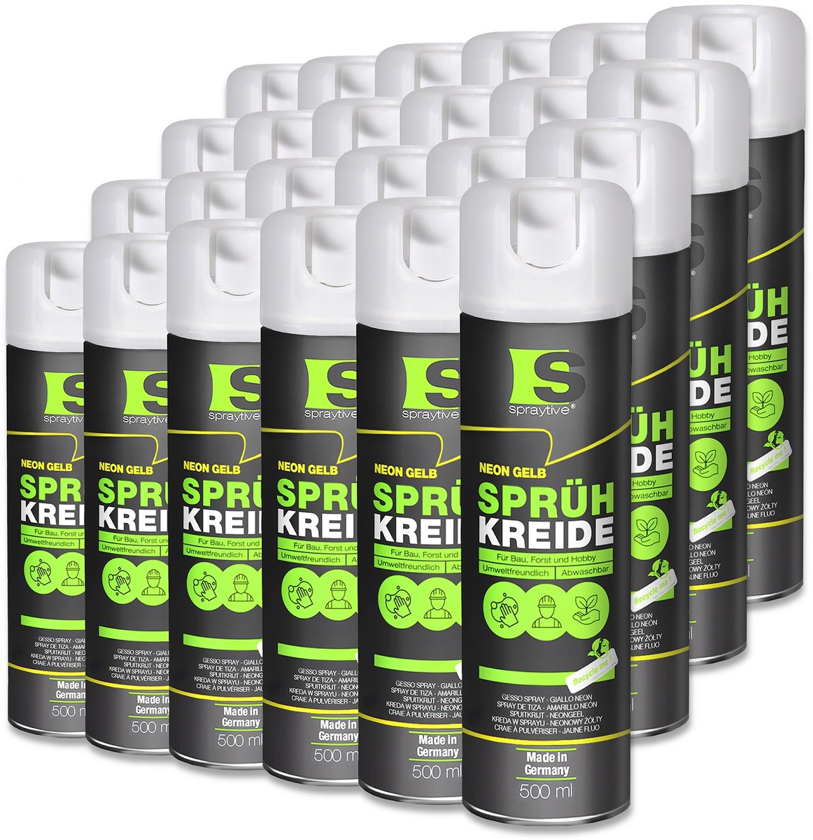 Spraytive 24x 500ml spuitkrijt neon geel markeerspray afwasbaar krijtspray voor tijdelijk markeren op asfalt gras en beton hoge dekking