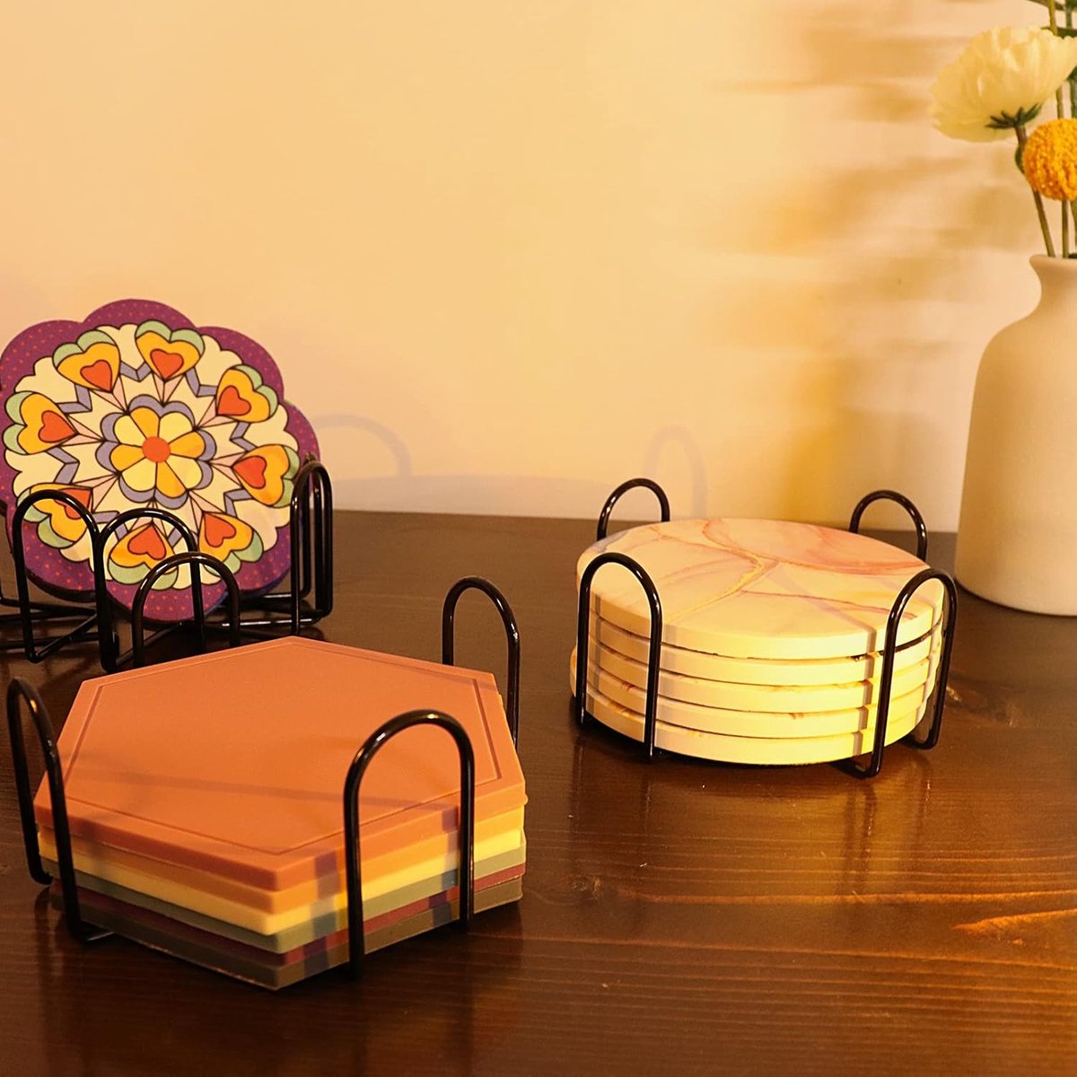 Onderzetter Houders - Set van 4 - Tafeldecoratie - Stapelbaar Ontwerp - 11.5 x 11.5 cm - Zwart