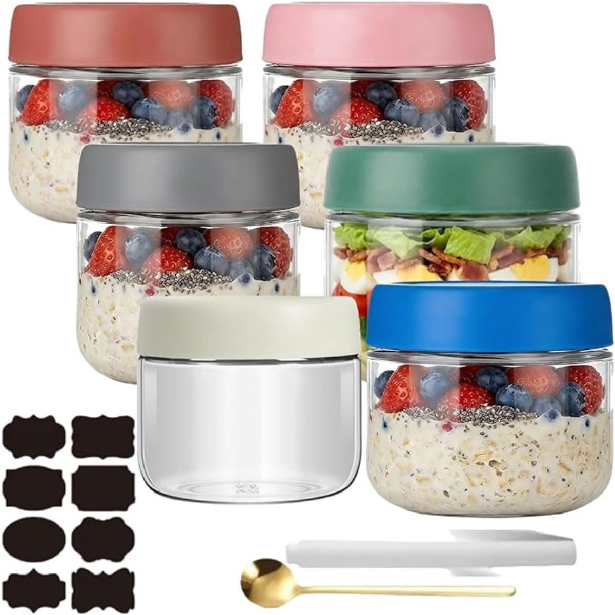 Verte Overnight Oats Potjes - Potjes voor Overnight Oats - Potjes voor Overnight Oats met Deksel - Maaltijdvoorbereiding - Herbruikbare Weckpotten voor Zelfgemaakte Jam - Mason-Potje met Lepel - Etiket - Meerkleurig - 300 mL - 6 Stuks