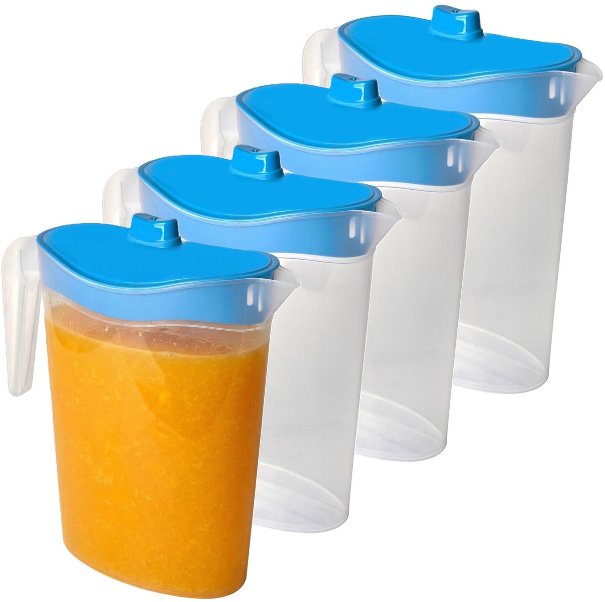 Waterkan/sapkan met afsluitbare deksel in blauw - 4x - 1,5 liter - kunststof - 9 x 21 cm - Compact formaat voor in koelkastdeur