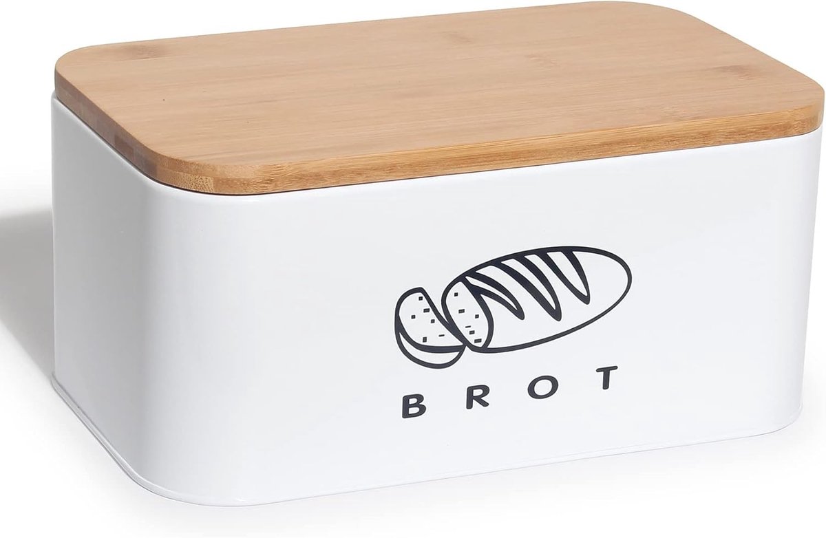 Broodbak met deksel - Broodtrommel metaal - Brood vers houden - Deksel als snijplank - 30x18x14 cm - Wit