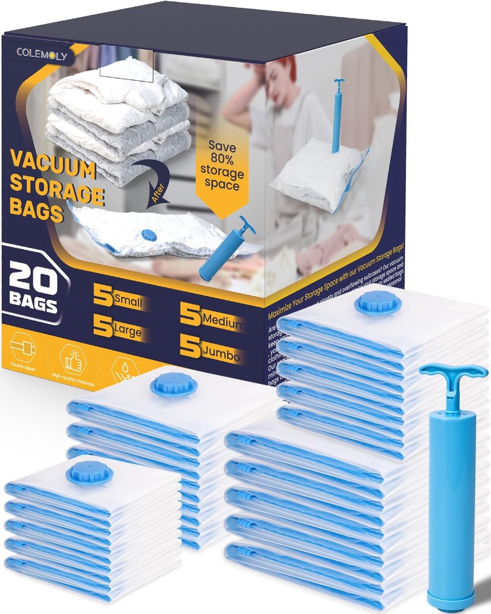 Vacuüm Opbergzakken - Compressiezakken Kleding - Ruimte Besparen - Inclusief Handpomp - 20 Stuks Combo - Blauw