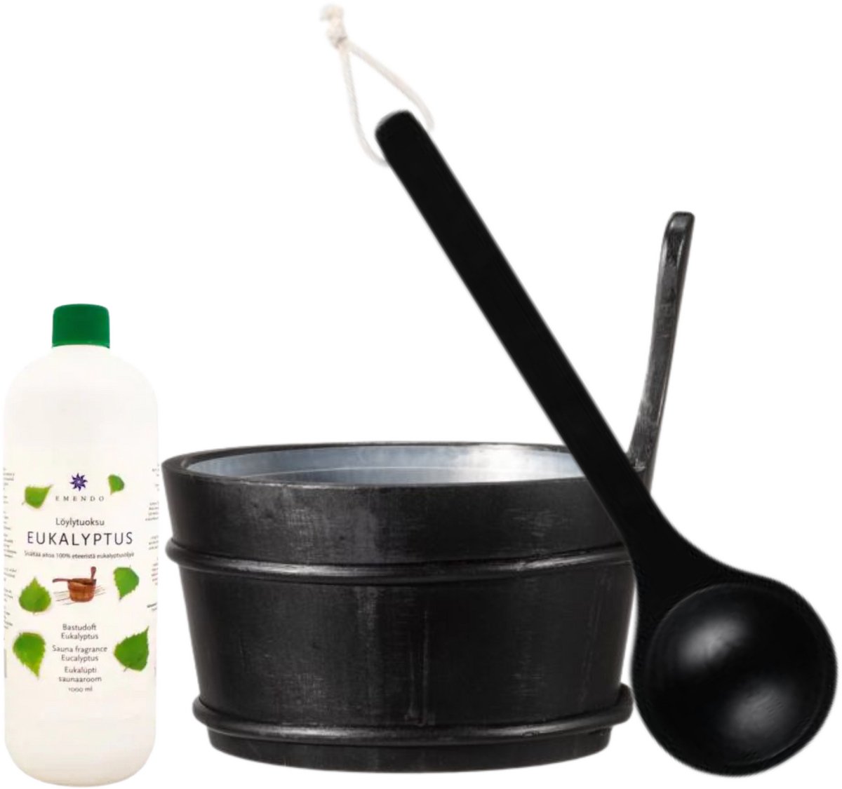 Emendo Sauna emmer, lepel en 1000 ml Euca opgietmiddel - Zwart