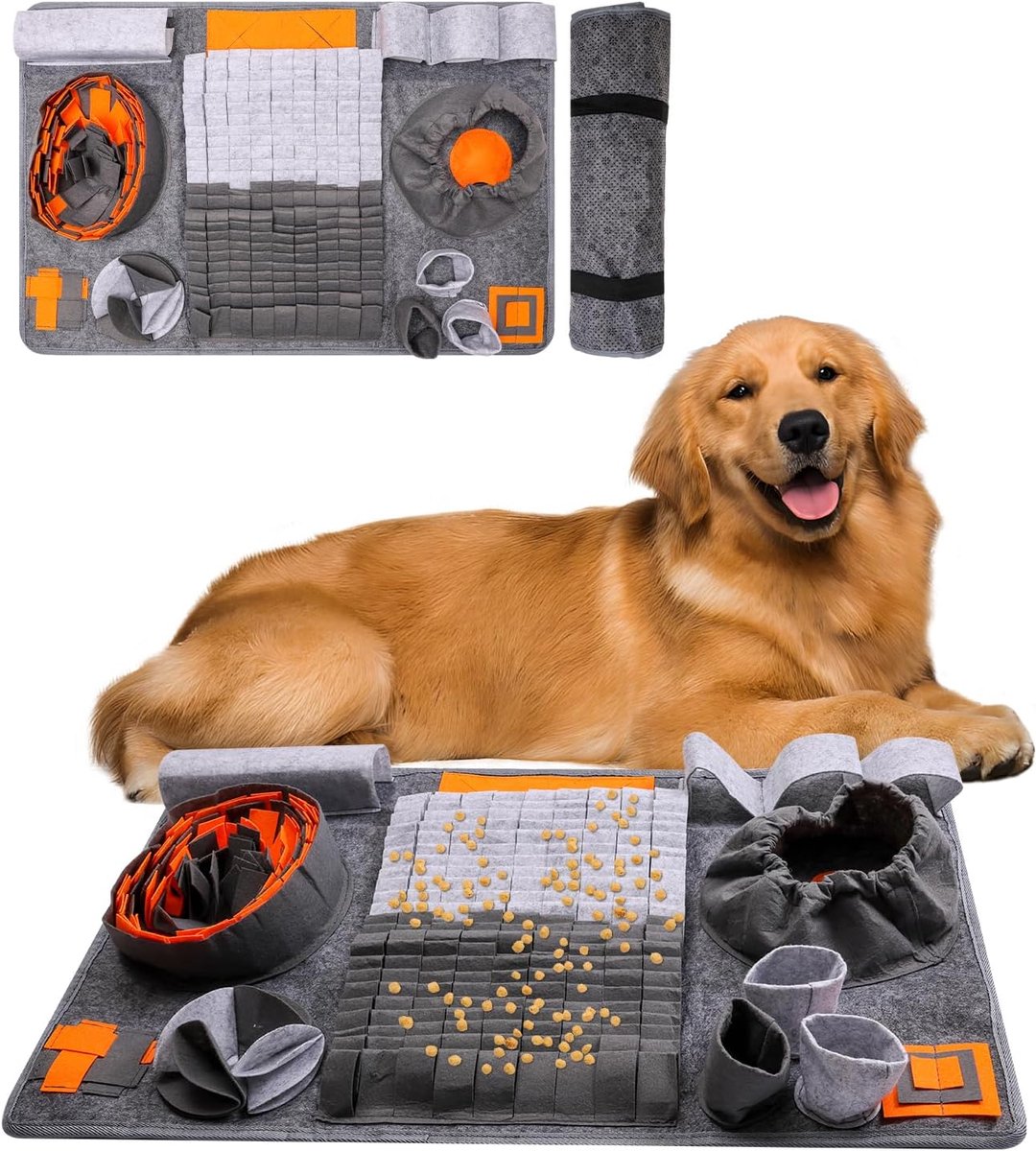 Snuffelmat Hond - Huisdier Denkspel - Geurtraining Voeding - Interactief Puzzelspeelgoed - Grijs Oranje