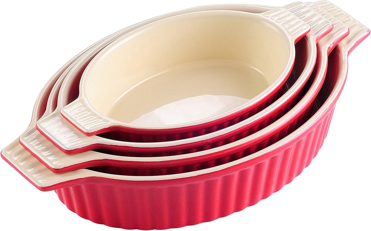 Ovenschalen Set - Bakvormen - Culinair Genot - Keramische Handgrepen - 4 Stuks - Rood