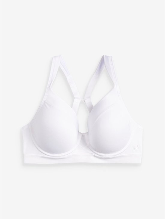 Witte sportbeha met beugel, voorgevormde cups en bandjes die in een V-vorm op de rug samenkomen.