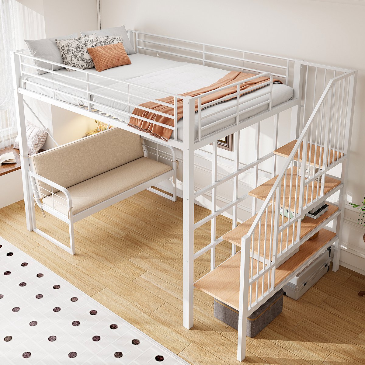 Merax Hoogslaper 140 x 200 cm - met metalen frame - inclusief afneembare zachte bank - met opbergruimte - wit - zonder matras