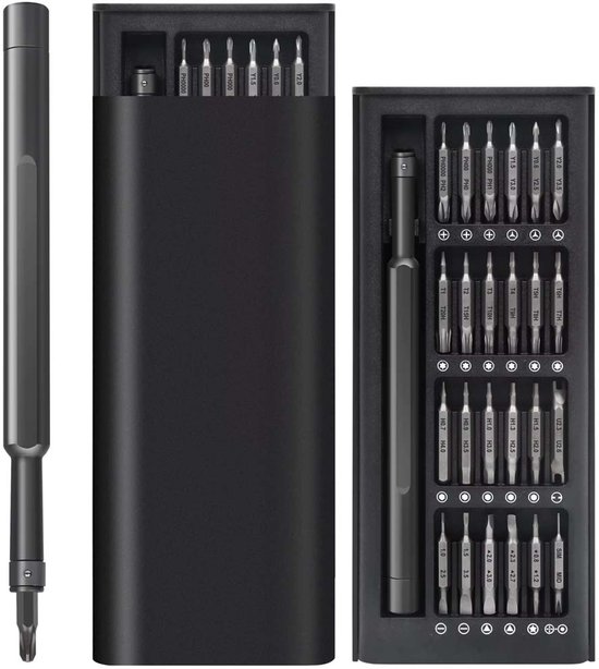 Gesloten zwarte precisie schroevendraaier set met 48 bits. Toont de magnetische schroevendraaiergreep en de individuele bits.