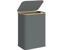 SONGMICS LCB519GN01 - Wasmand met Deksel - 2 Compartimenten - Opvouwbaar en Bamboe Frame