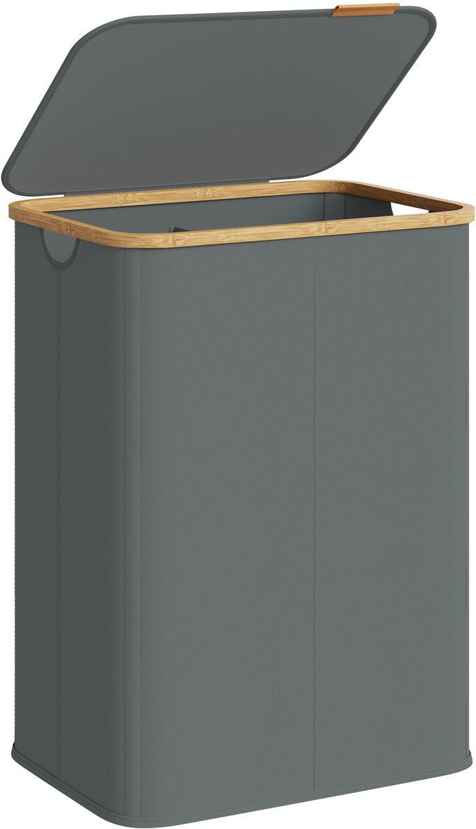 SONGMICS LCB519GN01 - Wasmand met Deksel - 2 Compartimenten - Opvouwbaar en Bamboe Frame