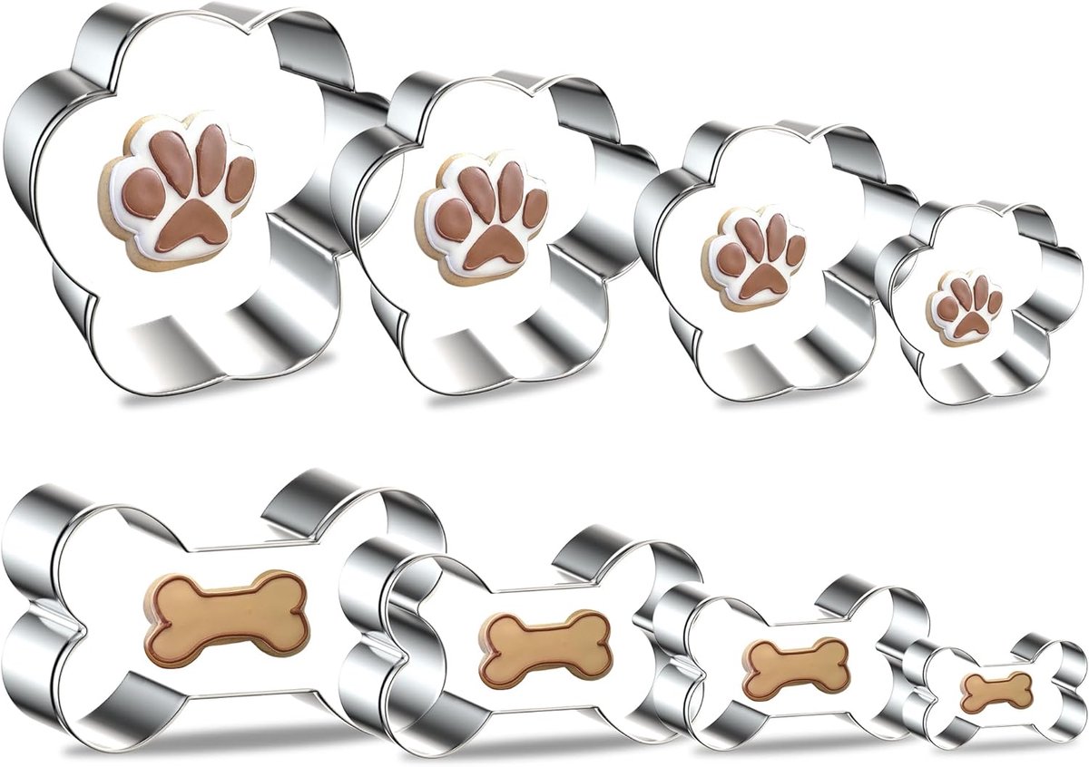 Hondenbot Koekjesvormen - Pootafdruk Uitstekers - Honden Traktaties Bakken - Duurzaam Roestvrij Staal - 8 Stuks Diverse Maten - Zilver