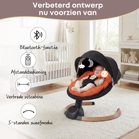 3Babies® Baby Swing - Elektrisch Wipstoel - Babyschommel - Elektrische Schommelstoel baby - Wasbare Bekleding - Afstandsbediening en App - Teddy Materiaal - Oranje en zwart van 3Babies® — afbeelding 5