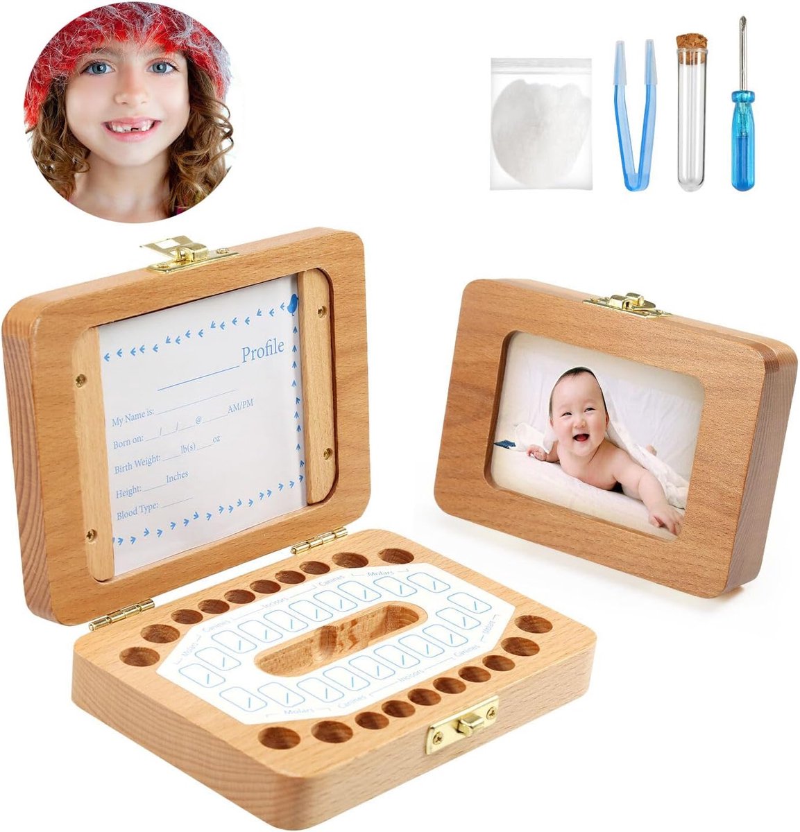 Melktand Doos - Tanden Bewaardoos - Baby Herinneringen - Met Fotolijst - 14x10x3 CM - Beige