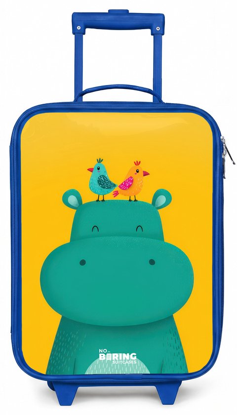 NoBoringSuitcases.com® - Kinderkoffer blauw - Kindertrolley jongen - Nijlpaard - Vogels - Geel - Koffer kind lichtgewicht - Reiskoffer trolley voor kinderen - Koffertje met lichtgevende wieltjes - Rolkoffer
