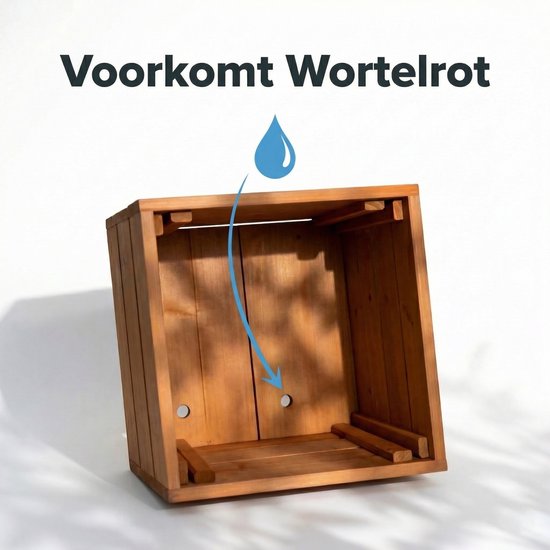 Houten bloembak van IvoQ met drainagegaten onderin, voorkomt wortelrot. Tekst: Voorkomt Wortelrot.