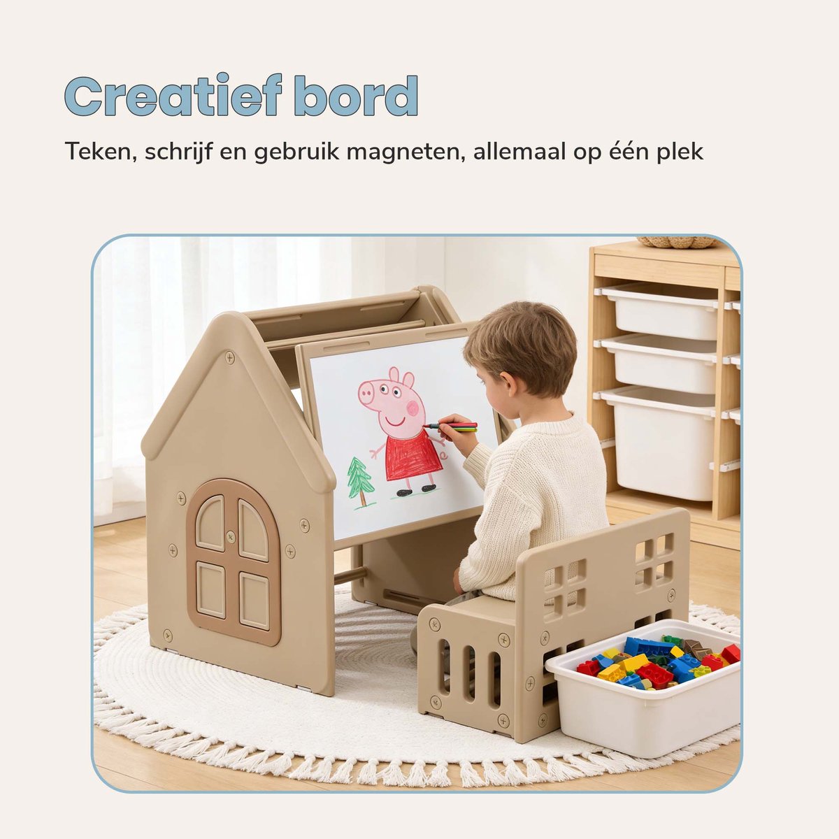 ComfyKidz 4 in 1 Speelhuis & Leerhuis incl. Opbergbank - Voor zowel Binnen & Buiten gebruik – Bouwtafel + Tekenbord + Bureau — afbeelding 10