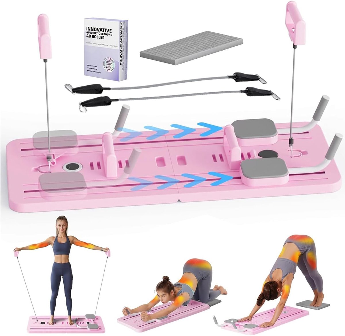 Opvouwbare Pilates Set - Ab Roller Wiel - Thuis Fitness - Met Elleboogsteun - 106 x 41 cm - Roze