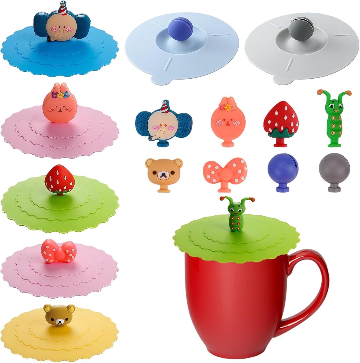 Siliconen Cup Dekseltjes - Set van 8 stuks - Dranken Afdekken - Lekvrij en Stofdicht - 10cm Diameter - Wit Blauw