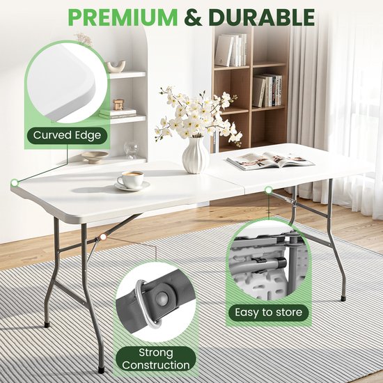 xDays Inklapbare Tafel - Wit - 2 stuks - 180x70x73 cm - Klaptafel - Vouwtafel - Campingtafel - Opvouwbaar tot Koffer met Handvat - Weerbestendig - 6 tot 8 Personen - Partytafel - Buffettafel - Binnen & Buiten — afbeelding 3