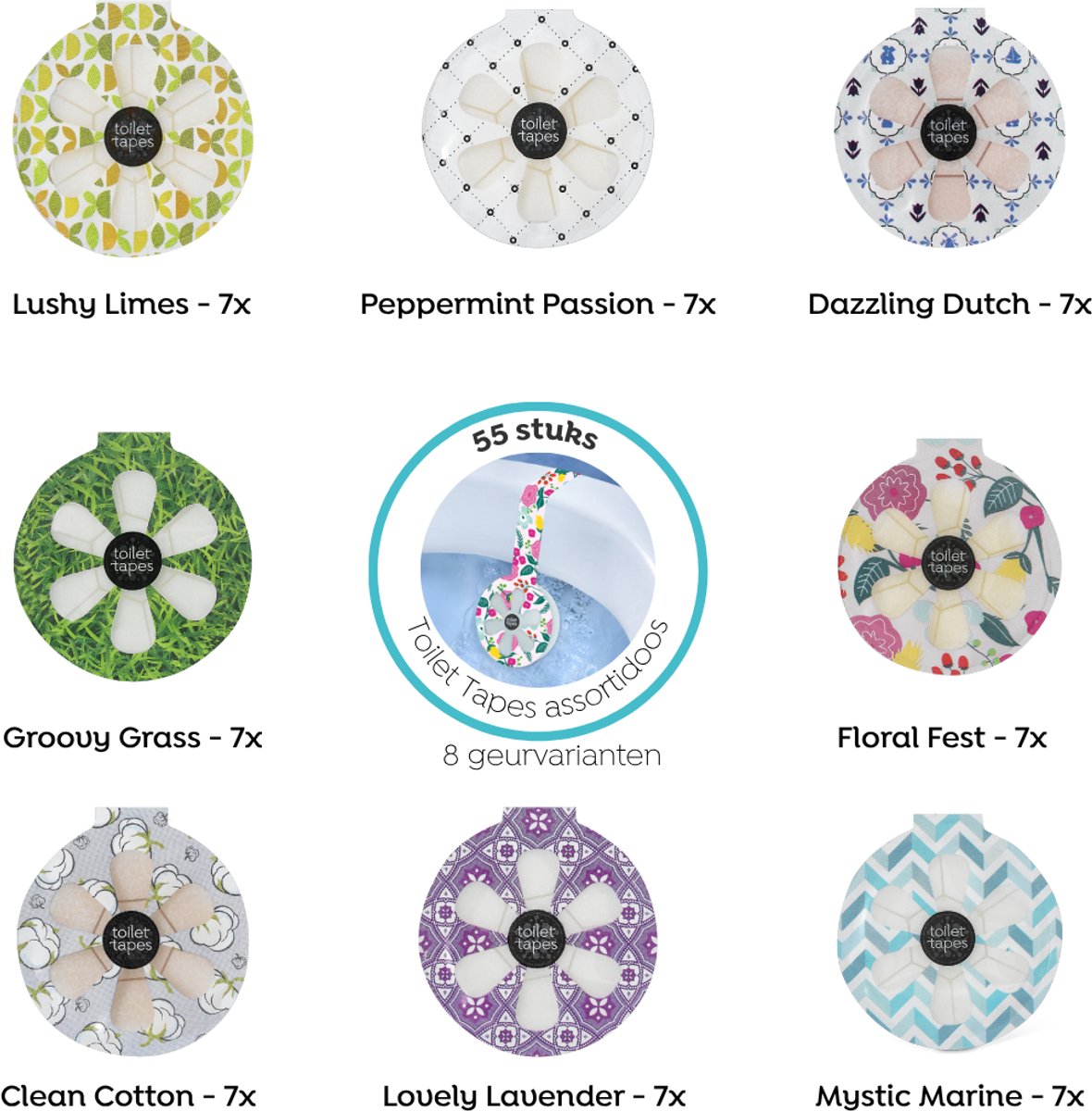 Toilet Tapes - Assortidoos - 55 stuks - Eco-vriendelijke WC Blokjes - 220+ Spoelbeurten per stuk - Tot 90% Minder Plastic - Efficiënte Toiletsteen - ook geschikt voor randloos toilet - duurzaam verpakt in FSC karton