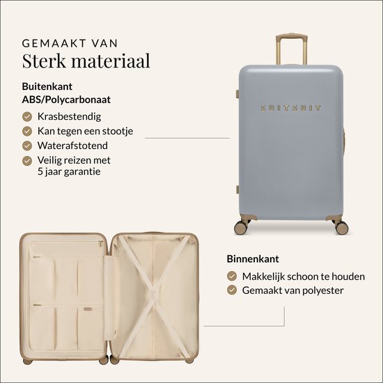 Lichtgrijze koffer van polycarbonaat met gouden handvat en wielen. De koffer is open met beige binnenkant.