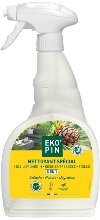 Spuitfles Eko'Pin 3-in-1 reiniger voor tuinmeubels, vlechtwerk en stoffen op witte achtergrond.