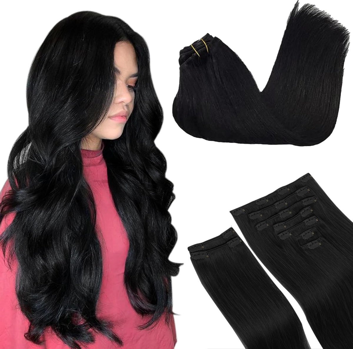 Clip-in Echt Haar Extensions 55 cm 150g Set van 9 Stuks - Diepzwart