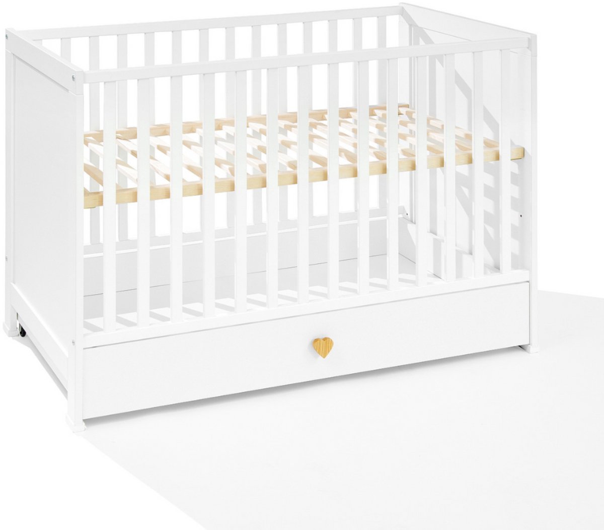 Luxe Babybed Heart 120x60 – Met Opberglade – Massief Beukenhout – Verstelbaar in 3 Hoogtes – Hartvormige Handgrepen – Ecologisch & Veilig – Wit