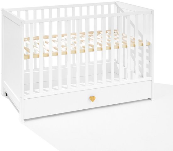 Luxe Babybed Heart 120x60 – Met Opberglade – Massief Beukenhout – Verstelbaar in 3 Hoogtes – Hartvormige Handgrepen – Ecologisch & Veilig – Wit