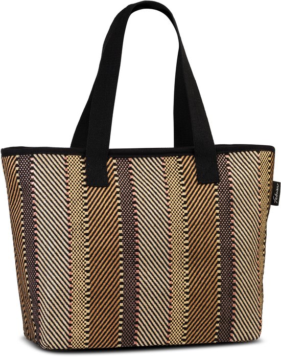 Bruin-beige gestreepte strandtas met zwarte hengsels van Fabrizio. De tas heeft een geweven patroon.