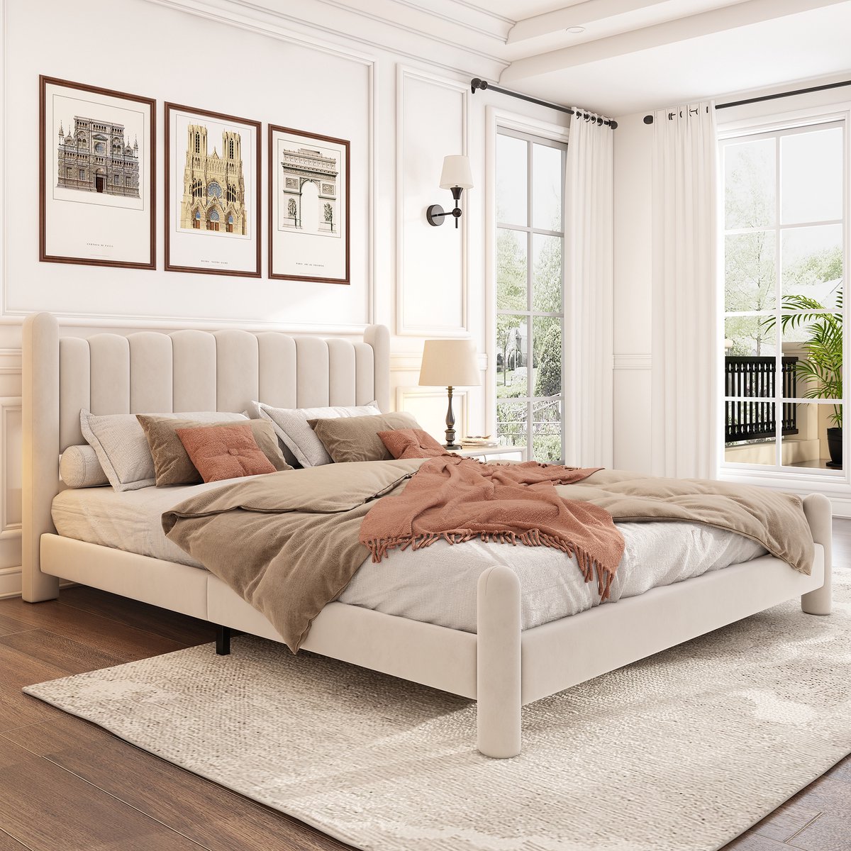 MODFU Bedframe 180x200 cm – Fluweel met golvend hoofdbord – Massief houten latten – Beige