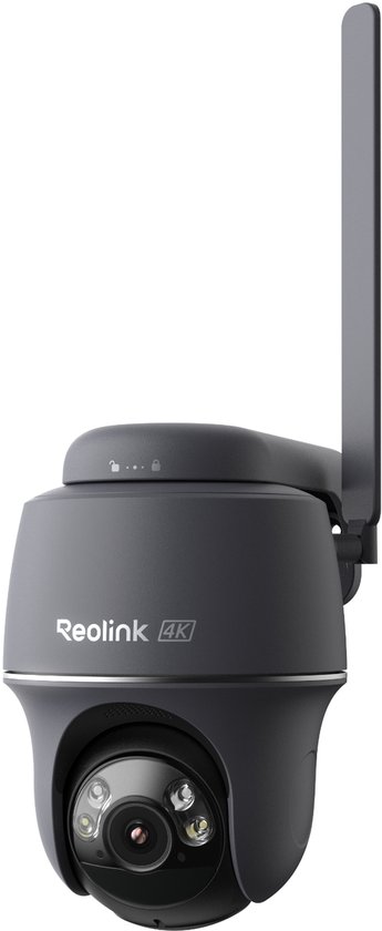 Grijze Reolink 4K beveiligingscamera met antenne, draaiende kop en lenzen.