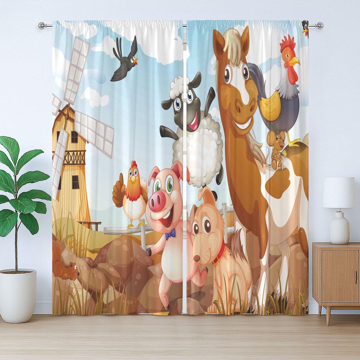 ABAKUHAUS Rustiek dierengordijn, kunstwerk met boerderijdieren, slaapkamergordijn met plooien en haken, 280 x 225 cm, lichtblauw en bruin