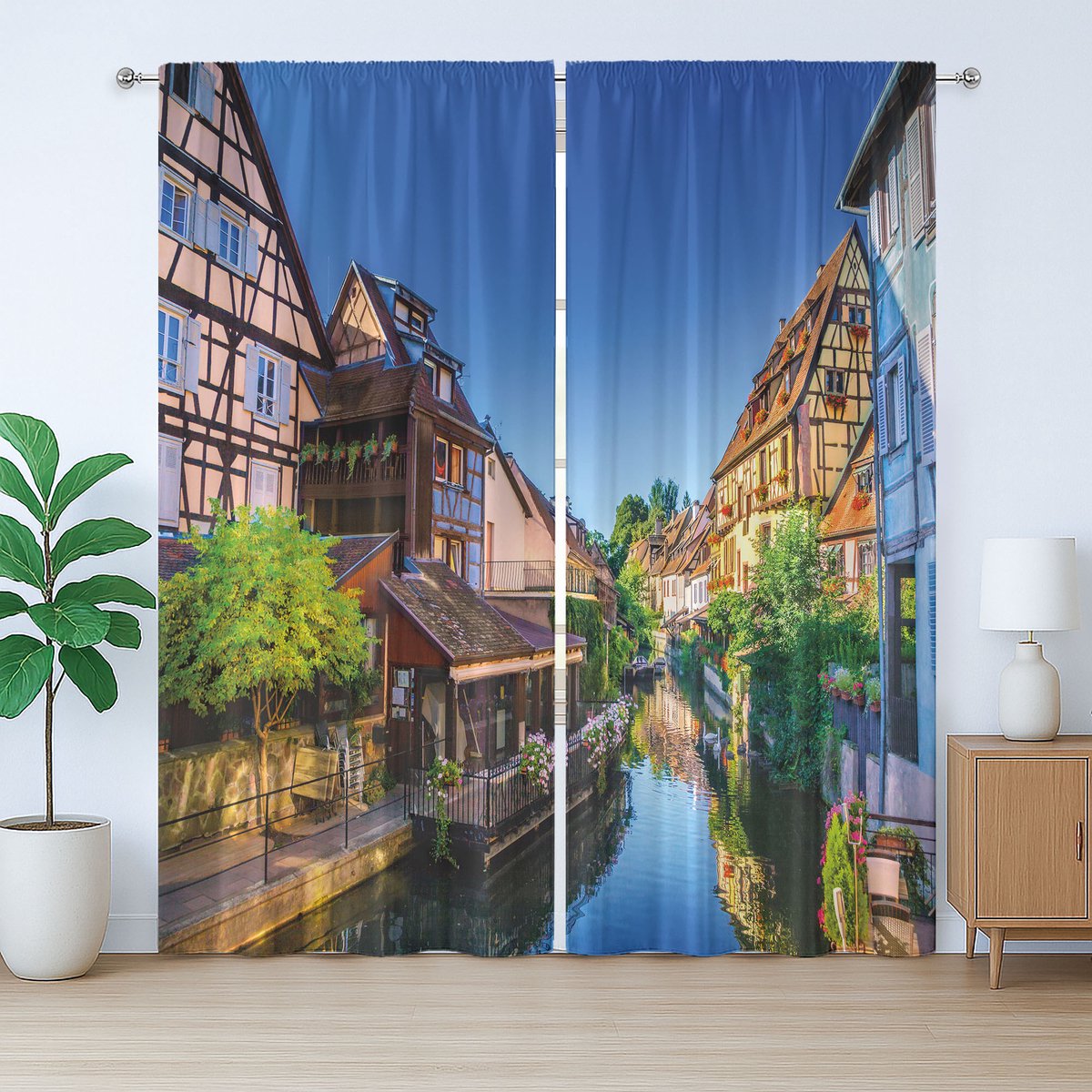 ABAKUHAUS Kleurrijk rustiek gordijn, kanaal en huizen in Colmar, met lussen en haken voor de woonkamer, 280 x 260 cm, kobaltblauw meerkleurig