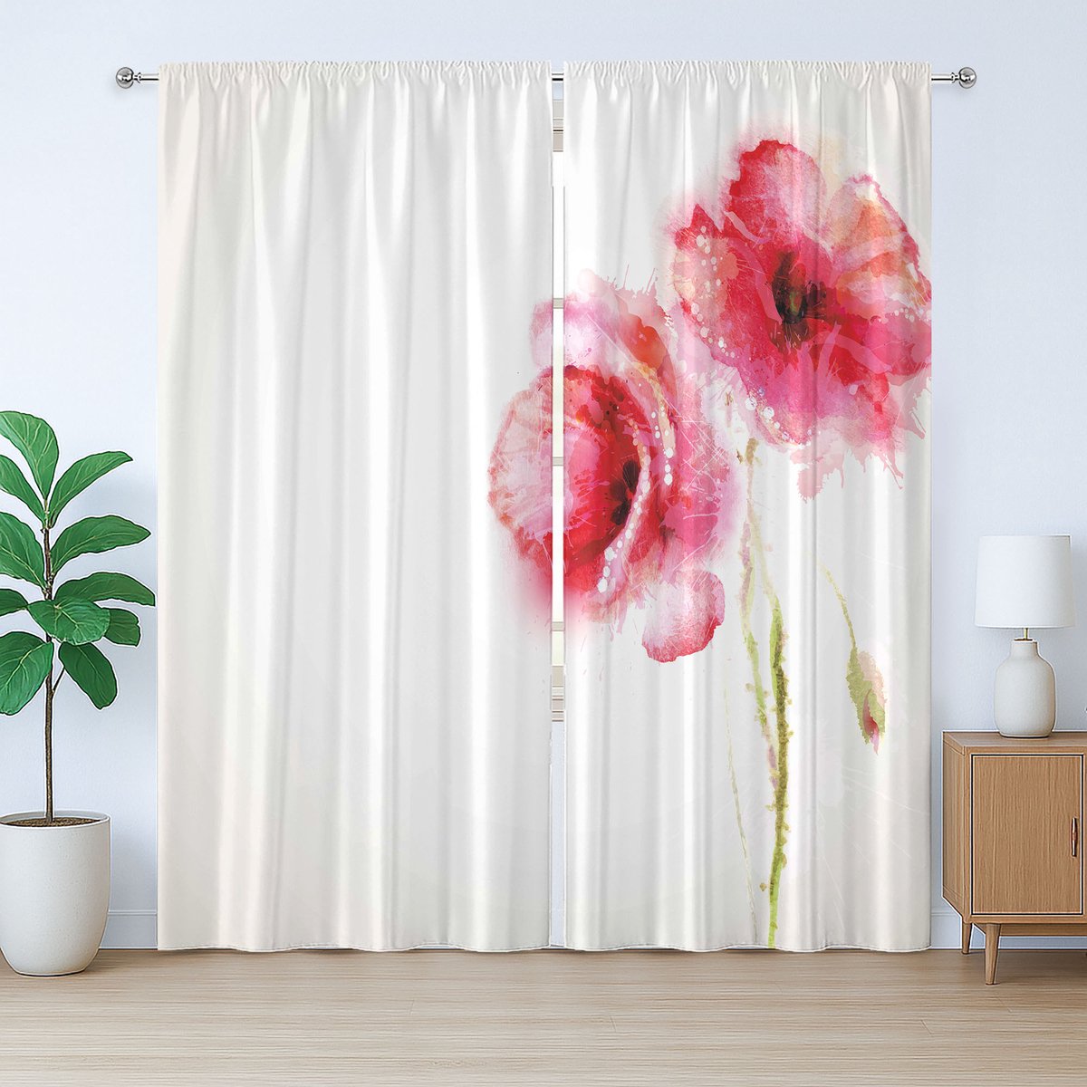 ABAKUHAUS Rustiek Bloemengordijn, Rode Klaprozen Levendige Lente, met Bandjes, Lussen en Haken voor de Woonkamer, 280 x 175 cm, Lichtgroen Roze