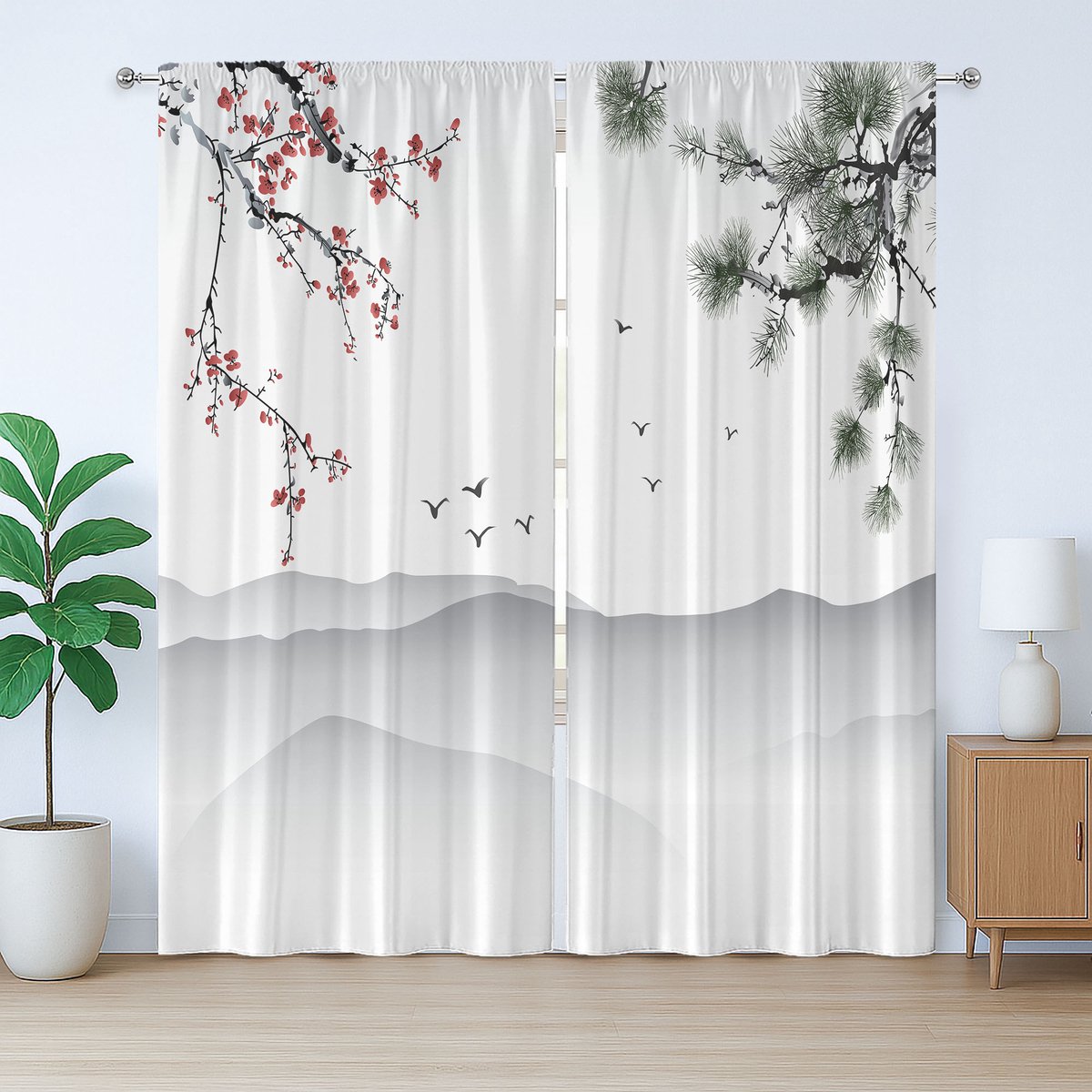ABAKUHAUS Rustiek gordijn met bloemenmotief, Chinese kunstprint, met lussen en haken voor de woonkamer, 280 x 225 cm, rood, groen, zwart