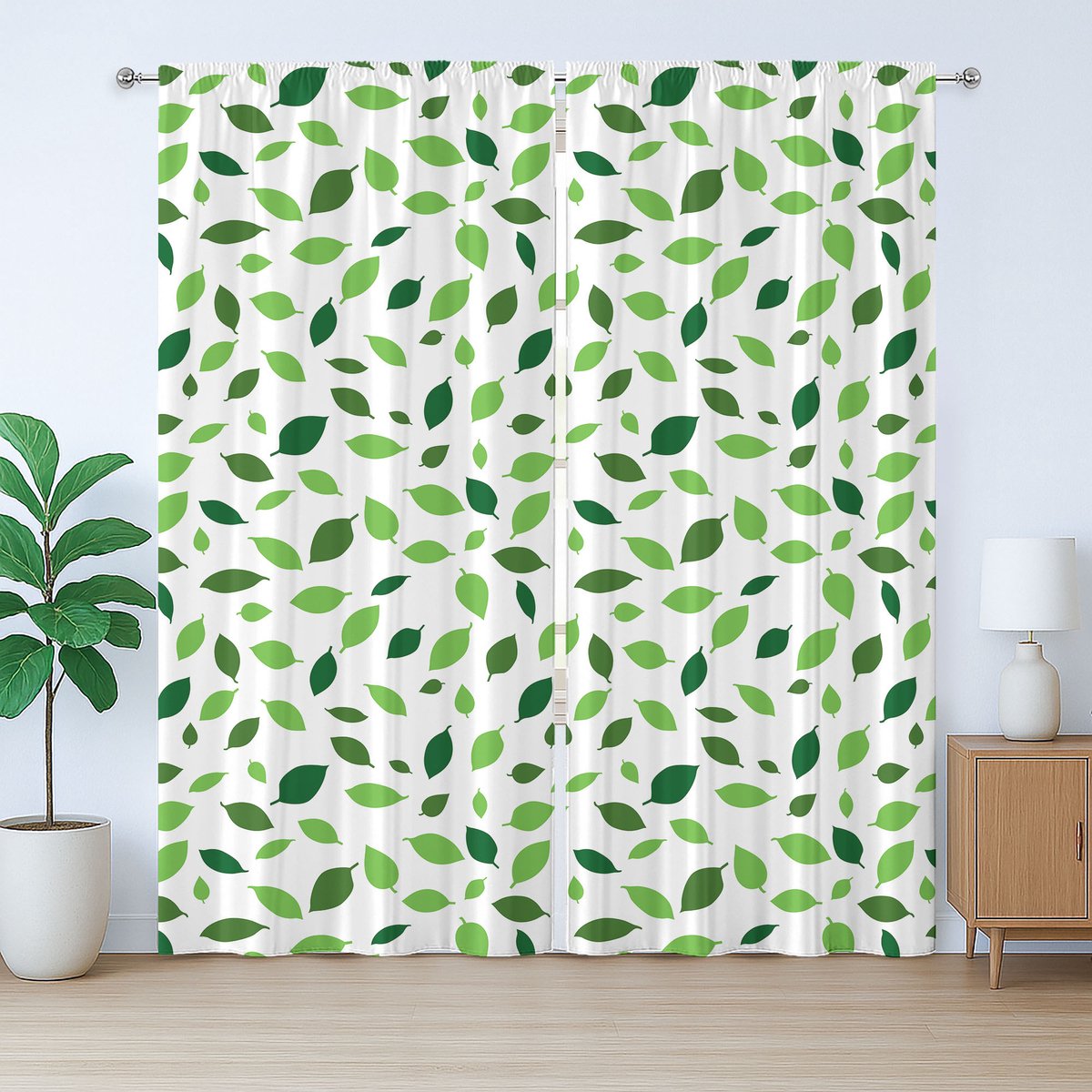 ABAKUHAUS Natuurlijk rustiek gordijn, botanisch bladmotief, slaapkamergordijn met plooien, lussen en haken, 280 x 225 cm, smaragdgroen wit