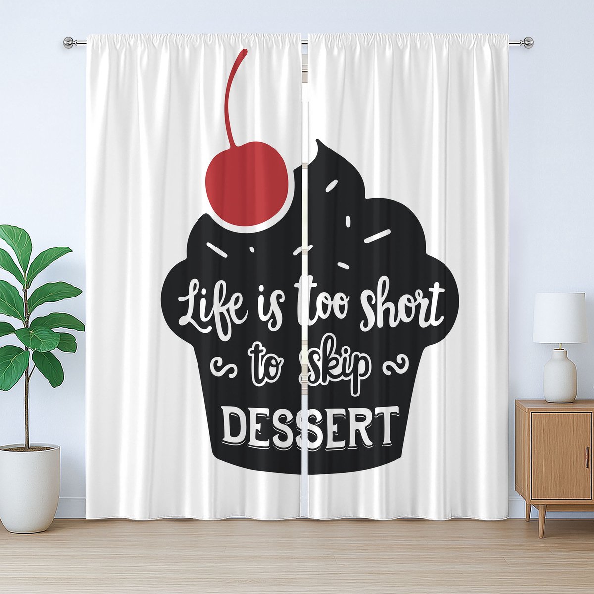 ABAKUHAUS Rustiek Dessertgordijn, Muffin Silhouet met Tekst, met Bandjes voor de Woonkamer met Lusjes en Haken, 280 x 245 cm, Zwart Wit Rood